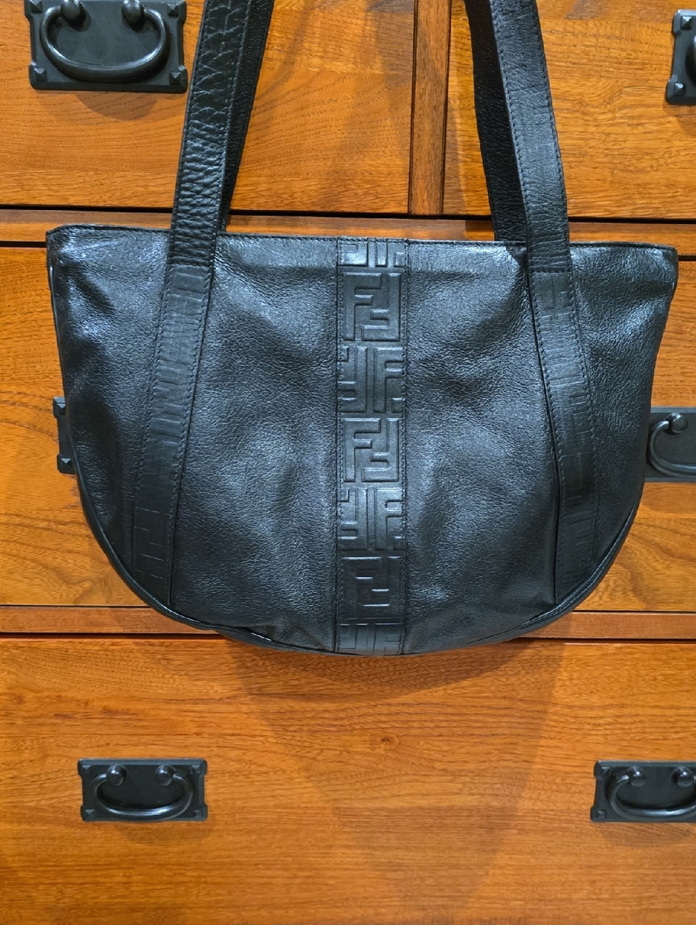 FENDI Black Leather VINTAGE Tote Bag with Embossed Center Panel